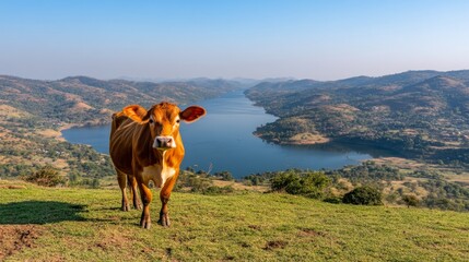 A brown cow stands on a grassy hilltop with a stunning view of a long, winding lake and distant mountains.