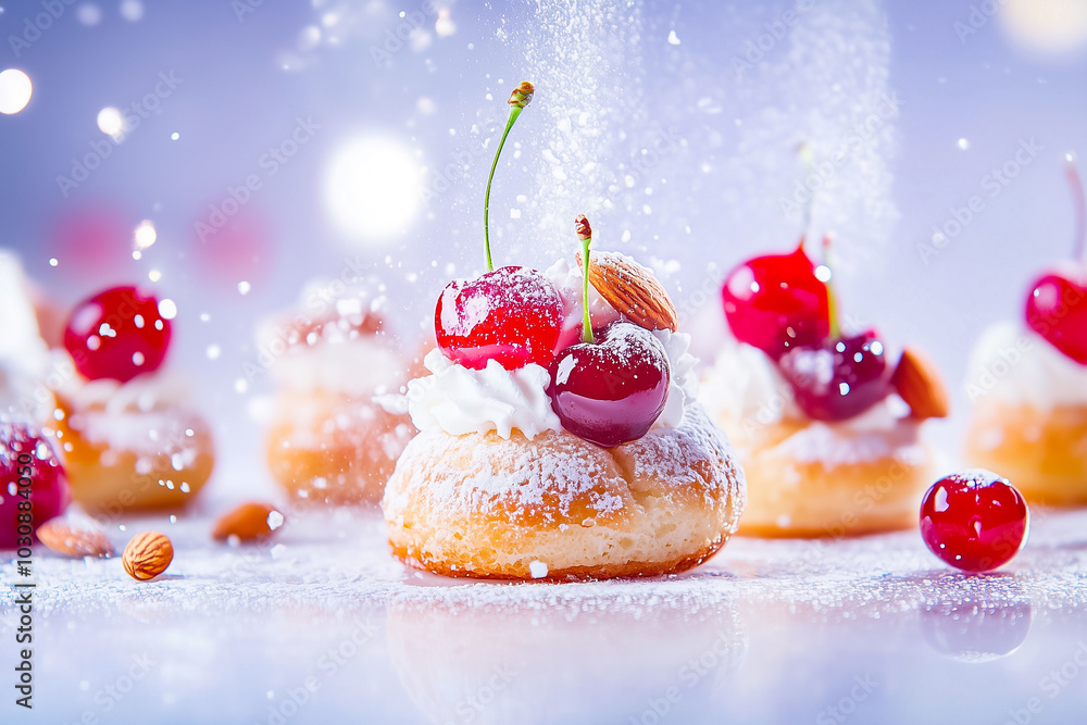 Poster delicate small profiteroles are adorned with fresh cherries and almonds, placed on a vibrant table s