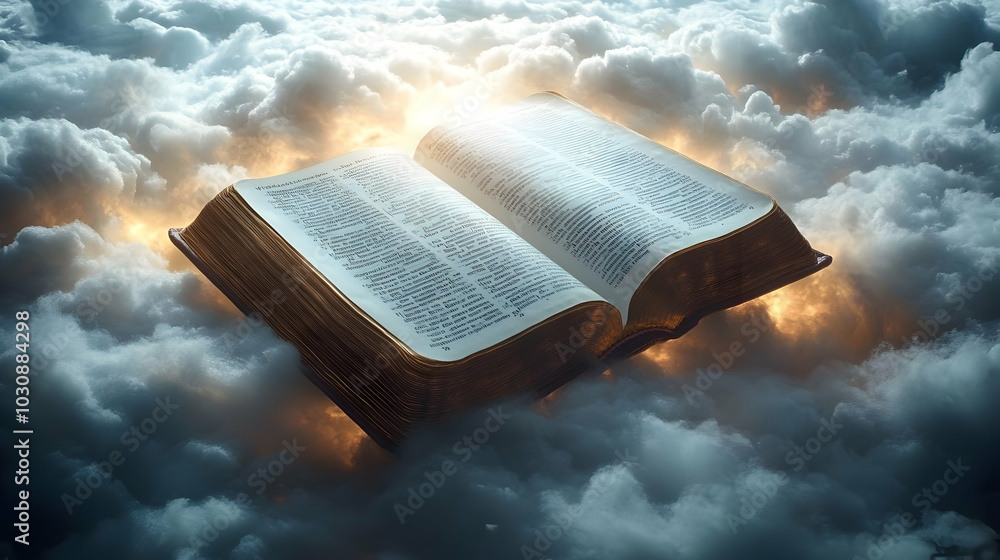 Poster an open book floating among clouds, illuminated by soft light.