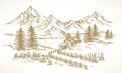 Mountain Cabin Sketch Rustic Landscape Illustration. Hand Drawn Vector Mountains, Lake, Forest and Road Doodle. Engraving Style Outdoor Pine Wood Chalet Drawing. Isolated