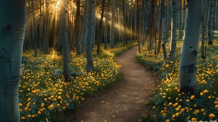 Sunbeams Filtering Through Aspen Trees and Wildflowers