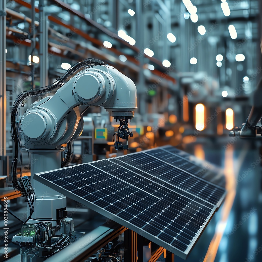 Aufkleber a robotic arm operates in a modern factory, showcasing advanced automation technology with a solar p