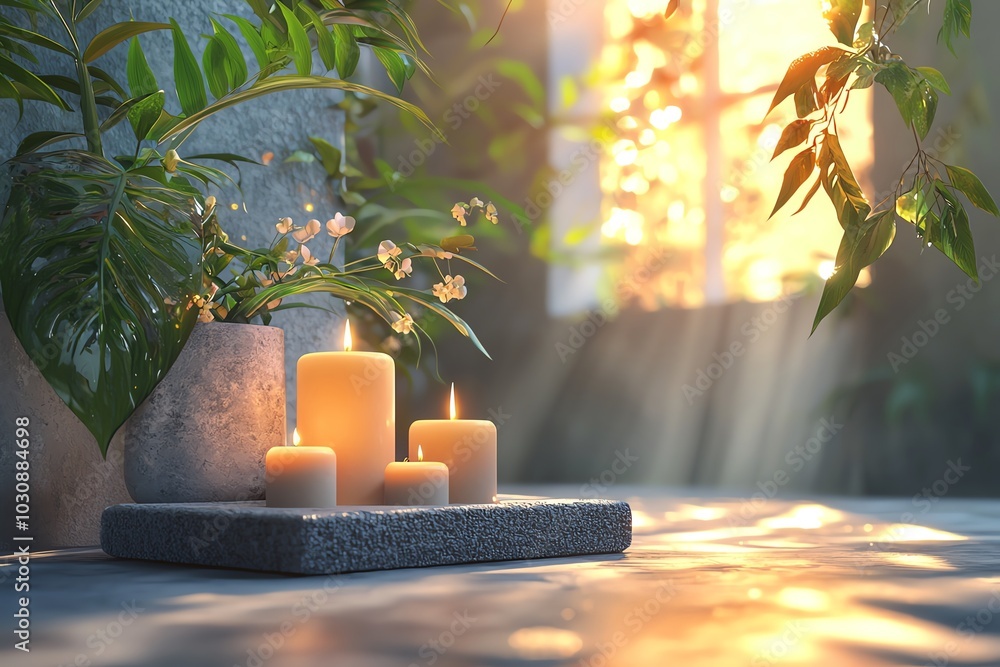 Poster a serene display of candles surrounded by greenery, illuminated by warm sunlight streaming through a