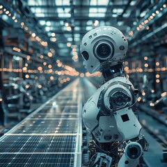 Fototapeta premium A humanoid robot stands in a modern factory, showcasing advanced technology and innovation in robotics.