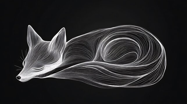 A minimalist line art fox curled up in a peaceful sleping