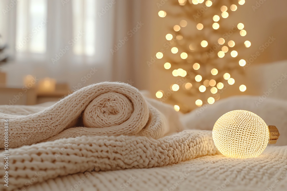Poster cozy blanket and glowing light against a backdrop of soft bokeh, creating a warm and inviting atmosp