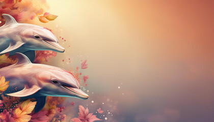 Whimsical artwork featuring two dolphins swimming among colorful autumn leaves with a soft, warm...