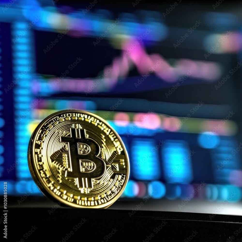 Poster close-up of a bitcoin coin with a vibrant digital graph in the background illustrating cryptocurrenc