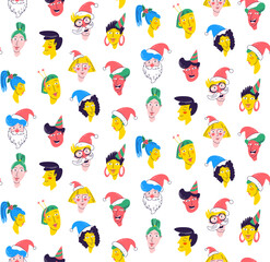 Christmas Party Time unique Characters. Seamless pattern background. Diverse collection of festive faces.