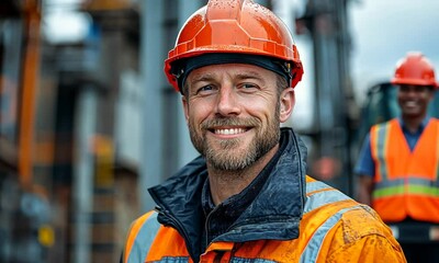 A smiling construction worker in an orange safety helmet and jacket, rain-soaked background.