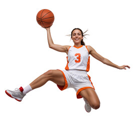 Front view an excited woman basketball player doing midair dunk while smiling and happy