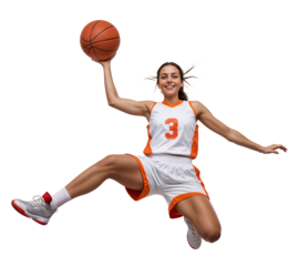 Front view an excited woman basketball player doing midair dunk while smiling and happy