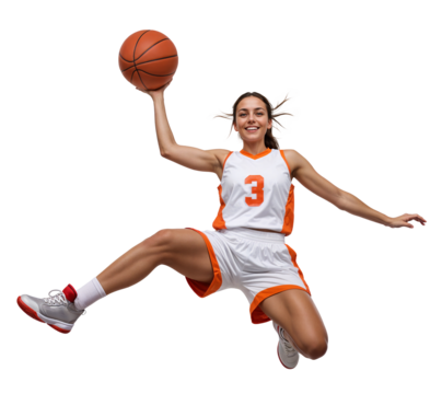 Front view an excited woman basketball player doing midair dunk while smiling and happy