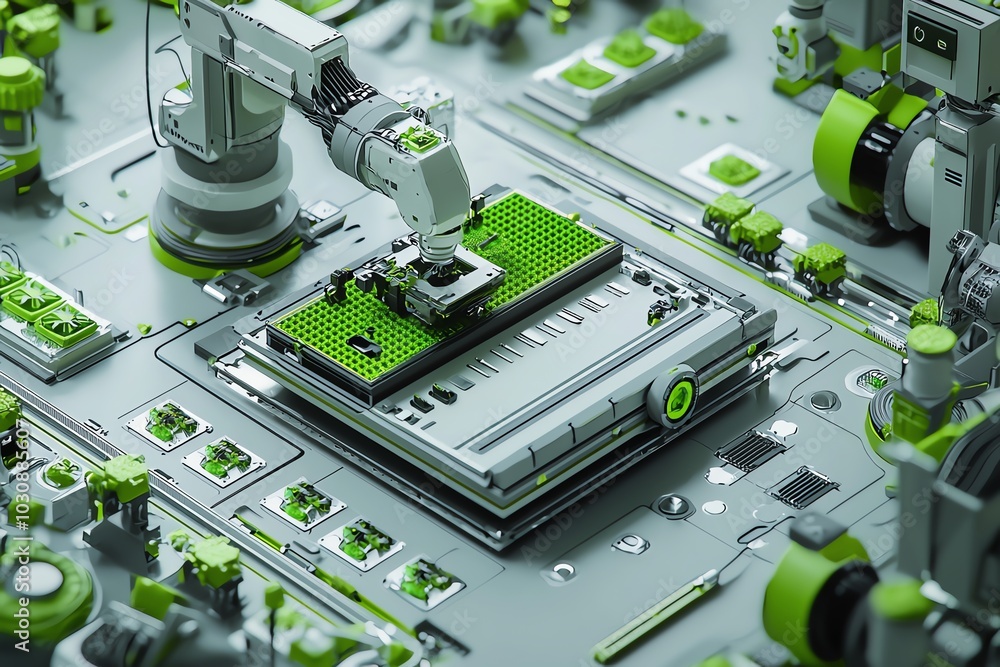 Poster high-tech robotic arm assembling a green circuit board in a modern factory environment, showcasing a