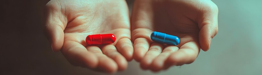 A person holding red and blue capsules in their hands, symbolizing choice and decision making in various contexts.