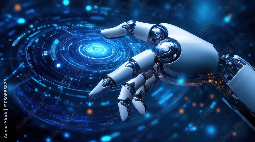 Aufkleber Robotic Hand Interacting with a Futuristic User Interface