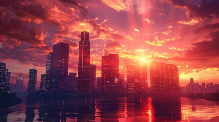 Fototapeta premium Cityscape Sunset: Skyscrapers Reflecting Golden Hour