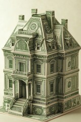 A detailed model house created from folded currency notes, showcasing intricate design and craftsmanship.