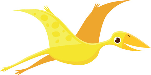 Cartoon illustration of a yellow pterodactyl dinosaur with big wings flying and smiling, isolated over white background. © Tartila
