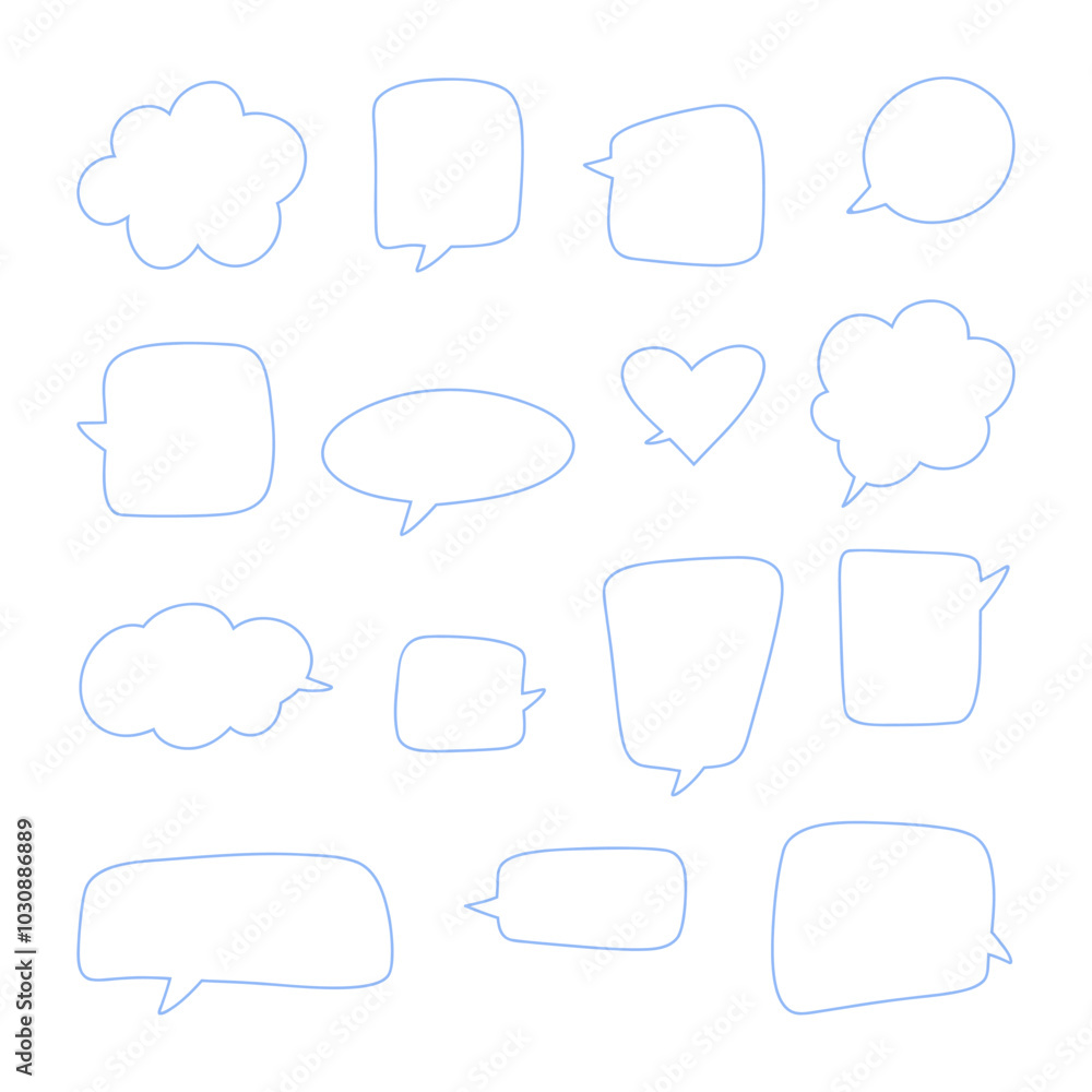 Poster a set of icons of empty speech bubbles drawn by hand with a blue outline on a white background. a di