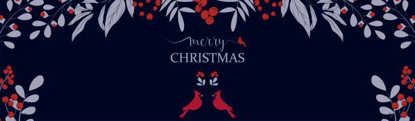 Holidays cards with Christmas Tree, birds, Christmas ornament, floral background, ornate frames and copy space. Celebrating card Vector illustration