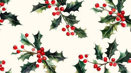 Fototapeta premium Vibrant holly leaves and red berries pattern perfect for festive designs and holiday decorations.