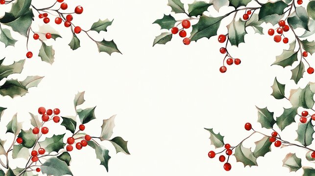 Elegant watercolor holly with red berries, perfect for festive card designs and holiday decorations, creating a warm atmosphere.