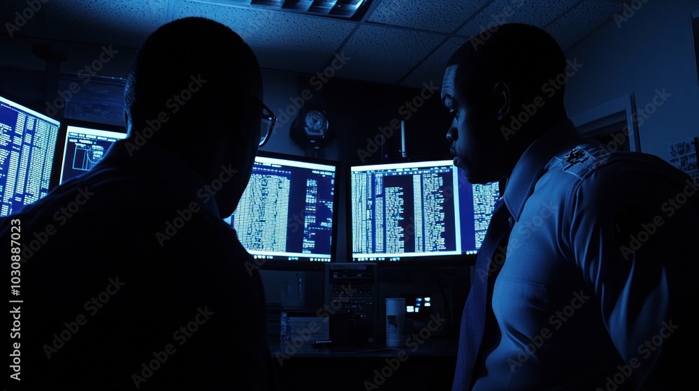Poster Two Men in a Dark Room Looking at Computer Screens