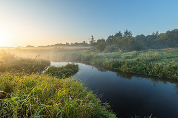 Naklejka premium A river with a foggy morning sky in the background