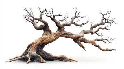 Ancient leafless tree with gnarled roots, standing alone on a white background, a symbol of mystery and wilderness spooky tree, mystery, wilderness