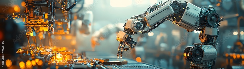 Poster futuristic robotic arm working in a modern factory with high-tech machinery and glowing lights, symb