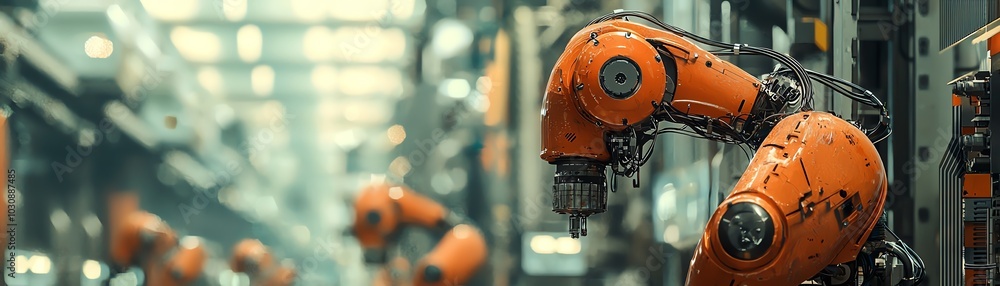 Poster a close-up view of an industrial robotic arm in an automated manufacturing environment, showcasing a