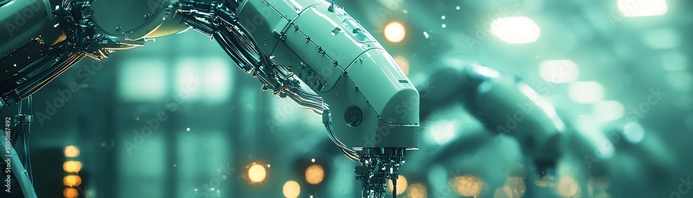Poster close-up view of a robotic arm in a high-tech industrial setting, showcasing precision and advanced 