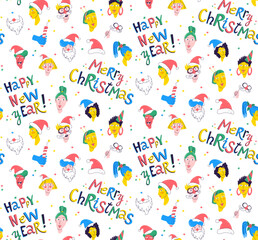 Christmas Party Time unique Characters. Seamless pattern background. Diverse collection of festive faces.