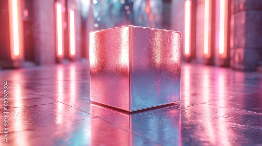 Poster metallic cube is standing on a reflective floor in an empty room with pink and blue neon lights, cre