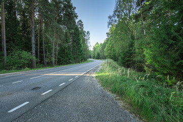 A road with trees on both sides and a grassy area on the side