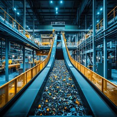 A modern waste recycling facility with conveyor belts transporting mixed materials for processing and sorting.