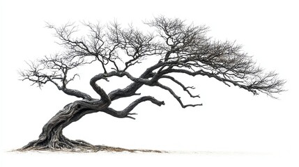 Haunting, crooked tree with no leaves, isolated on white, giving an ominous and desolate vibe spooky tree, ominous, desolate