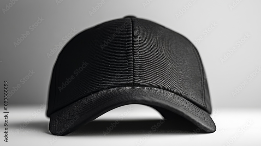 Poster black baseball cap is shown sitting on a white background with a shallow depth of field. the image p