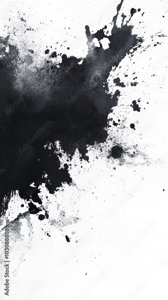 Poster black ink explodes on white, creating a dynamic, artistic design with a grungy feel. chaotic yet cap