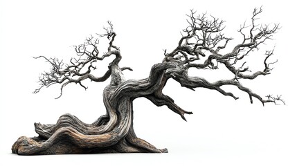 Twisted old tree without leaves, isolated on white, conveying an atmosphere of eerie desolation leafless tree, eerie, desolation