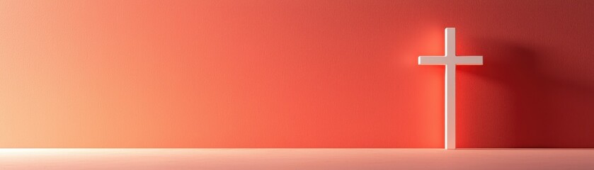 Obraz premium White cross on a soft red background, symbolizing faith and spirituality.