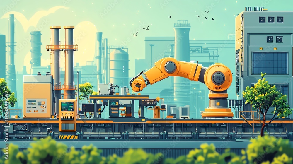 Poster industrial landscape featuring a robotic arm working in a modern factory setting, showcasing automat
