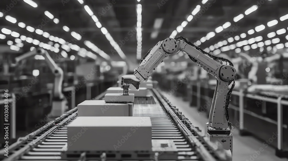 Poster an automated robotic arm working on a conveyor belt in a modern industrial factory setting.