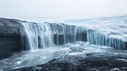 Fototapeta premium Dramatic Melting Glacier Waterfall Cascading Over Icy Cliff Against Gray Sky