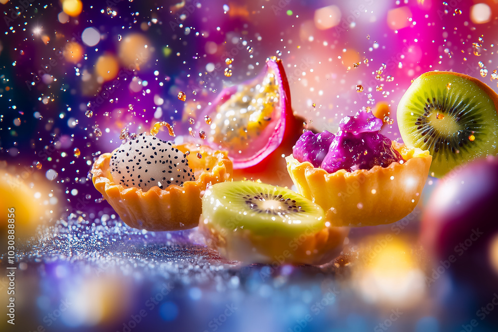 Poster small lemon tarts sit elegantly on a table, topped with an array of fresh fruits. the background is 