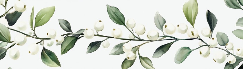 Delicate floral illustration featuring green leaves and white berries, perfect for nature-themed designs or backgrounds.