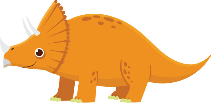 Cheerful cartoon triceratops dinosaur walking toward the left side of the frame. This friendly looking dinosaur is smiling
