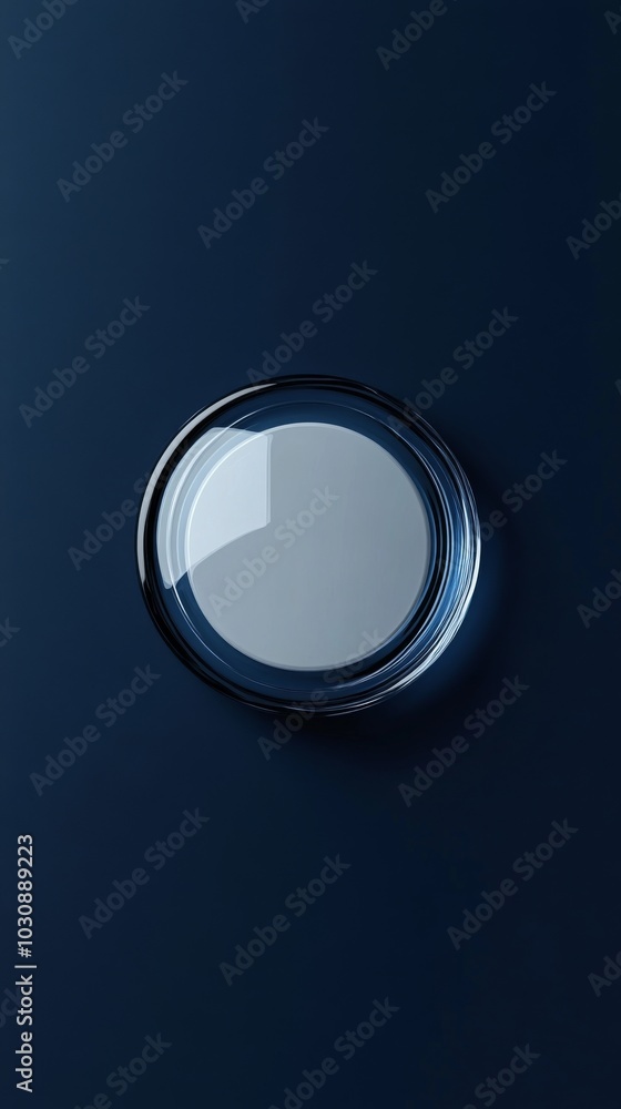 Poster round glass button is casting a shadow on a blue background, creating a modern and minimalist aesthe