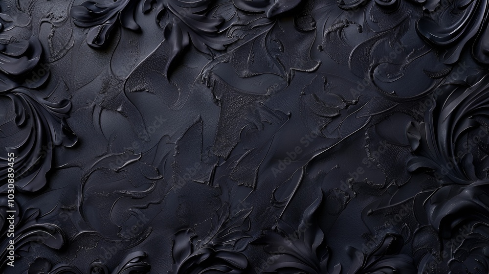 Poster textured dark abstract background with intricate relief patterns in black tones for design purposes